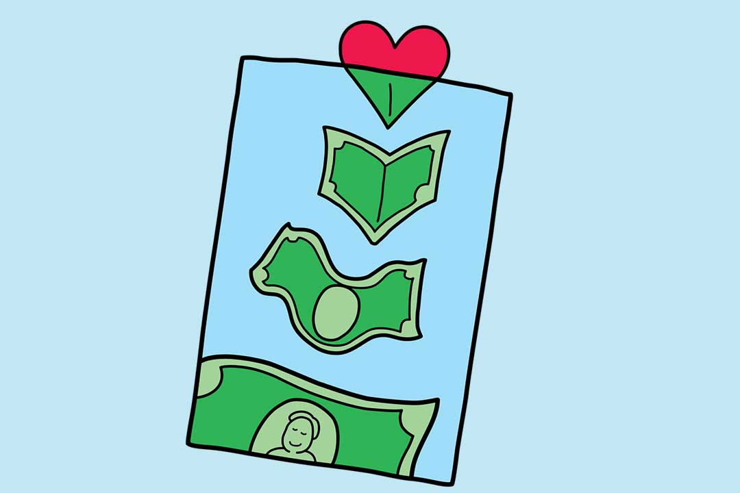 Καρδιές που μετατρέπονται σε χαρτονομίσματα, γεμίζοντας μια τσάντα