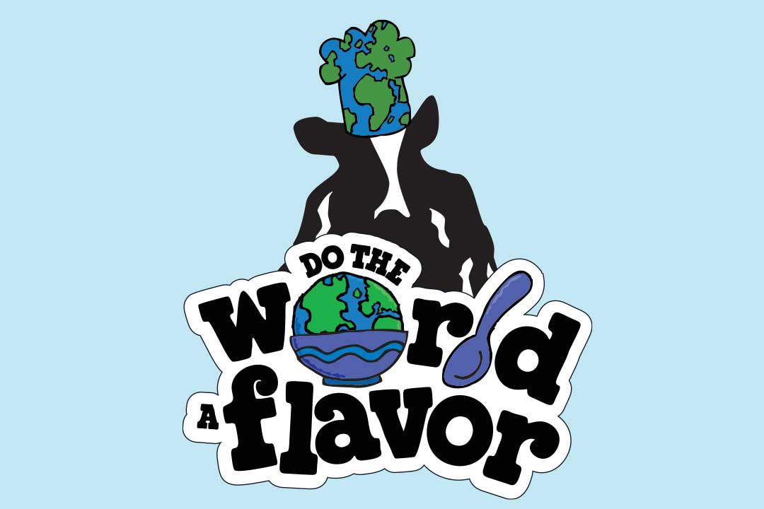 Ο Woodie με μια ταμπέλα που γράφει Do the World flavor